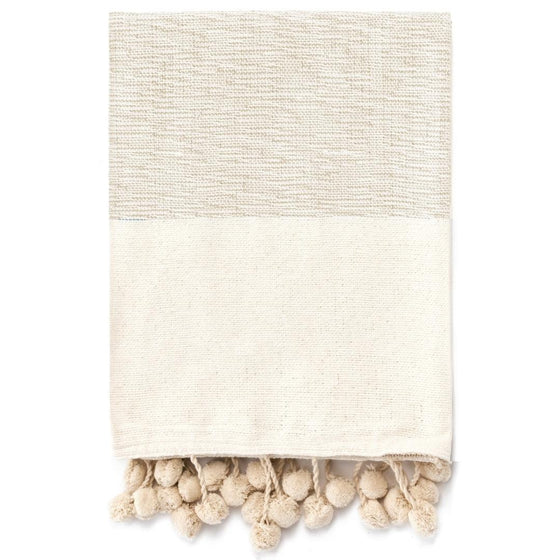 Throw - Cotton Woven with Pompoms Taupe & White